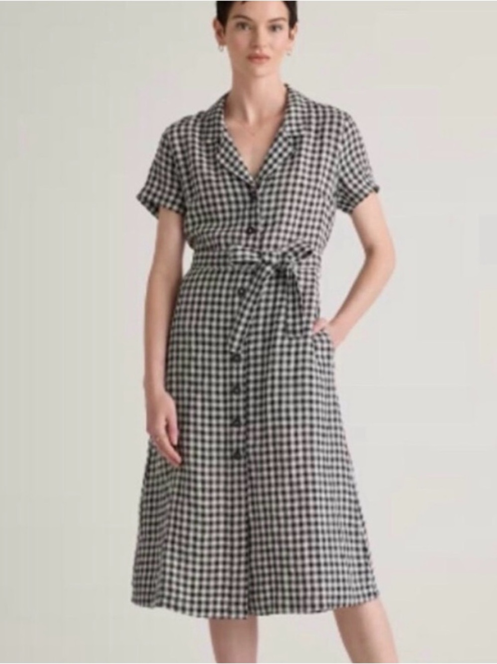 Quince 100% European Linen Button Front Dress Black Gingham size small
